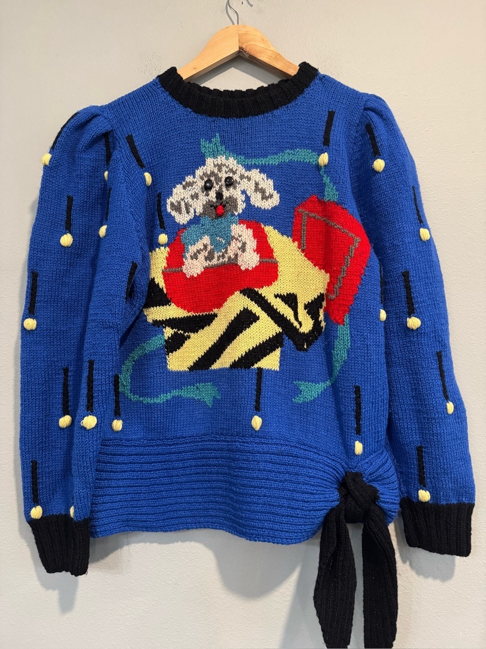 Vintage Berek Handknit Sweater Novelty Dog Pom Pom Unique Small